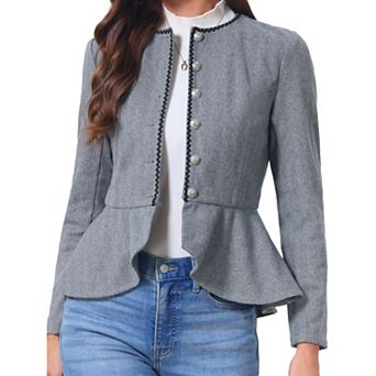 Vintage Jacket for Women Crew Neck Herringbone Long Sleeve Button Down Ruffled Hem Business Jackets