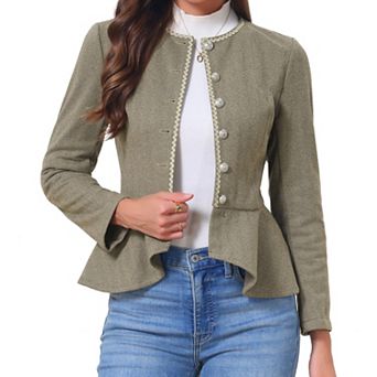 Vintage Jacket for Women Crew Neck Herringbone Long Sleeve Button Down Ruffled Hem Business Jackets