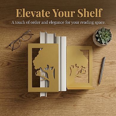 Decorative Metal Bookends for Shelves Laser Cut Tree Design Book Ends Non Skid Bookshelf Organizer