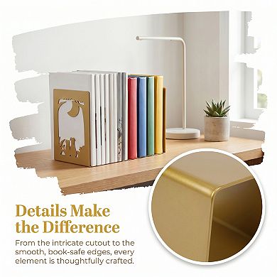 Decorative Metal Bookends for Shelves Laser Cut Tree Design Book Ends Non Skid Bookshelf Organizer