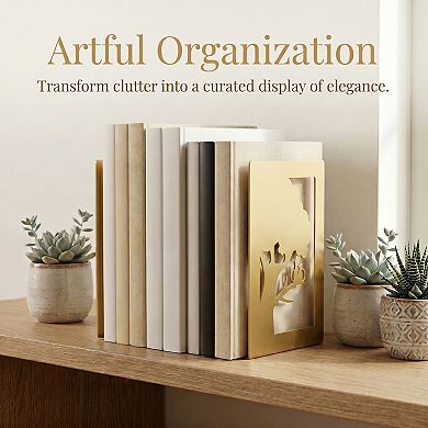 Decorative Metal Bookends for Shelves Laser Cut Tree Design Book Ends Non Skid Bookshelf Organizer