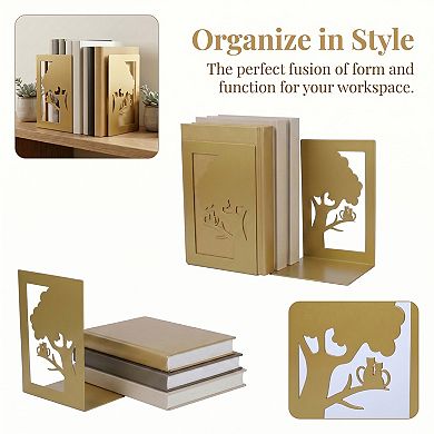 Decorative Metal Bookends for Shelves Laser Cut Tree Design Book Ends Non Skid Bookshelf Organizer