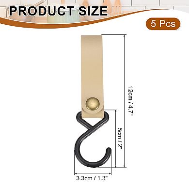 5pcs PU Leather Hooks, Leather Straps with Hooks, S-Shape Hooks for Hanging Pots Pans Utensils