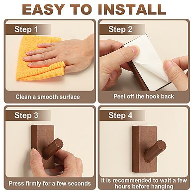 2 Pack Wood Wall Hooks, Coat Hooks Wall Mounted or Self-Adhesive with Glue for Hanging Towels, Hats