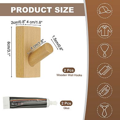 2 Pack Wood Wall Hooks, Coat Hooks Wall Mounted or Self-Adhesive with Glue for Hanging Towels, Hats