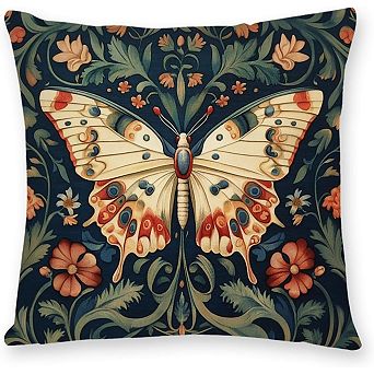 William Morris Vintage Floral Velvet Pillow Cover with Zipper, Butterfly Design