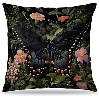 Floral Black Butterfly Throw Pillow Cover, Dark Botanical Design, Hidden Zipper