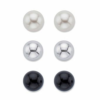 Silvertone, Simulated Pearl and Onyx Silvertone Stud Earring Set (10mm)