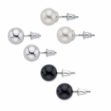 Silvertone, Simulated Pearl and Onyx Silvertone Stud Earring Set (10mm)