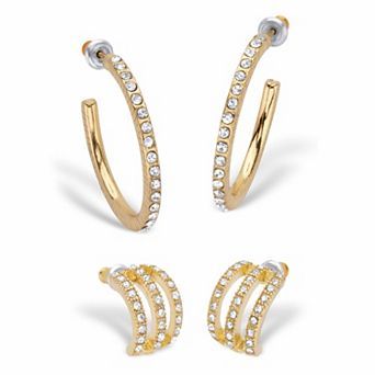 Round Crystal Goldtone 2-Pair Demi-Hoop Earring Set (1/2"-1 1/8")