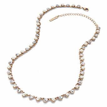 Round Bezel-Set Crystal and Simulated Pearl Goldtone Necklace 18" - 21"
