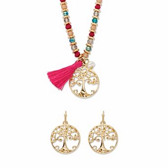 Crystal and Simulated Pearl Goldtone Tree of Life Necklace Earring Set 19"-21"