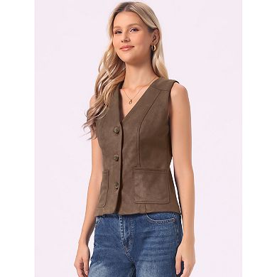 Faux Suede Vest for Women's Button Down V Neck Waistcoat with Pockets