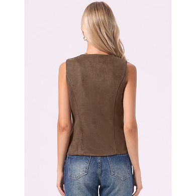 Faux Suede Vest for Women's Button Down V Neck Waistcoat with Pockets