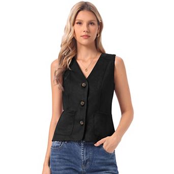 Faux Suede Vest for Women's Button Down V Neck Waistcoat with Pockets