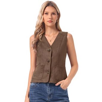 Faux Suede Vest for Women's Button Down V Neck Waistcoat with Pockets