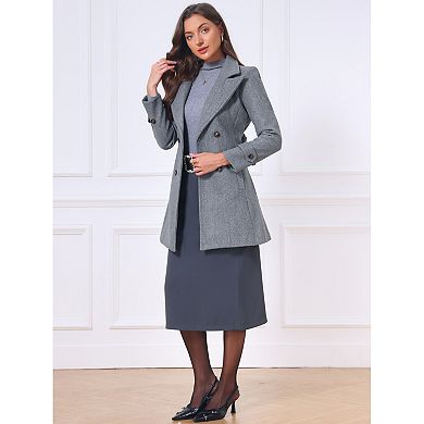 Women's Winter Pea Coats Notched Lapel Collar Double Breasted Mid-thigh Outerwear Elegant Overcoat