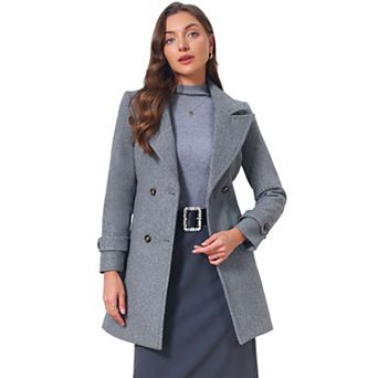 Women's Winter Pea Coats Notched Lapel Collar Double Breasted Mid-thigh Outerwear Elegant Overcoat