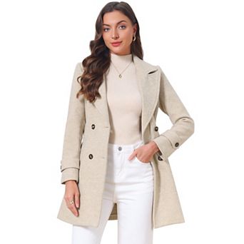 Women's Winter Pea Coats Notched Lapel Collar Double Breasted Mid-thigh Outerwear Elegant Overcoat