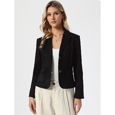 Faux Suede Jacket for Women's Notched Lapel Button Down Pockets Slim Fall Winter Cropped Blazer