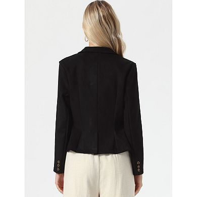 Faux Suede Jacket for Women's Notched Lapel Button Down Pockets Slim Fall Winter Cropped Blazer