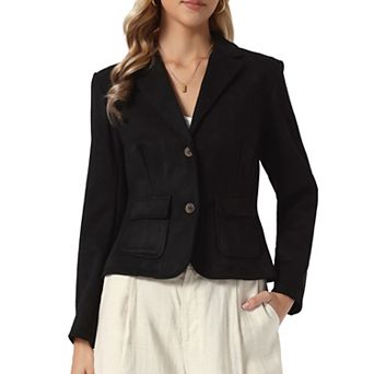 Faux Suede Jacket for Women's Notched Lapel Button Down Pockets Slim Fall Winter Cropped Blazer