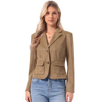 Faux Suede Jacket for Women's Notched Lapel Button Down Pockets Slim Fall Winter Cropped Blazer