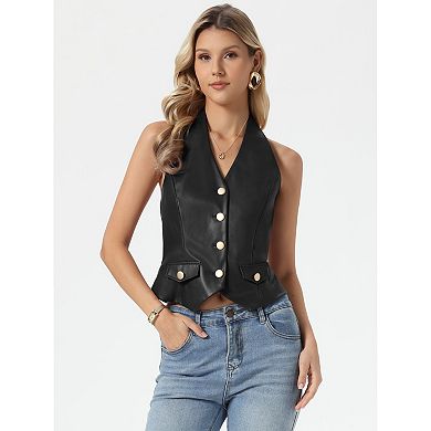 Faux Leather Vest for Women's Backless Button Down V Neck Halter Vest