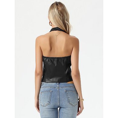 Faux Leather Vest for Women's Backless Button Down V Neck Halter Vest