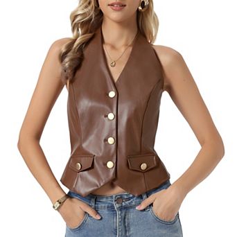 Faux Leather Vest for Women's Backless Button Down V Neck Halter Vest