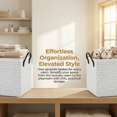 1 Pcs Woven Storage Basket, Shelf Closet Storage Bin for Clothes, Organizer Bin with Handles