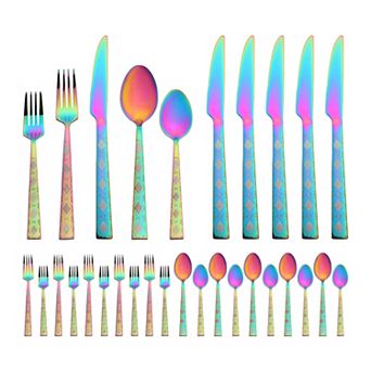 30 pc Silverware Set Stainless Steel Floral Print Flatware Set for 6 Modern Cutlery Set