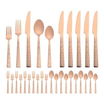 30 pc Silverware Set Stainless Steel Floral Print Flatware Set for 6 Modern Cutlery Set