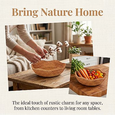 Handmade Rattan Decorative Bowl Woven Fruit Basket Round Tabletop Storage Organizer for Home