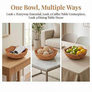 Handmade Rattan Decorative Bowl Woven Fruit Basket Round Tabletop Storage Organizer for Home