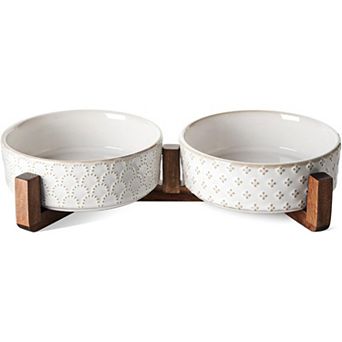 Dog Bowl Set with Wood Stand Ceramic Puppy Bowls 1.5 cup