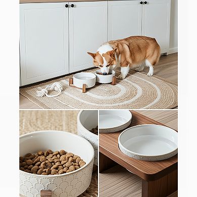 Dog Bowl Set with Wood Stand Ceramic Puppy Bowls 1.5 Cup
