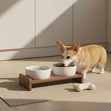 Dog Bowl Set with Wood Stand Ceramic Puppy Bowls 1.5 Cup