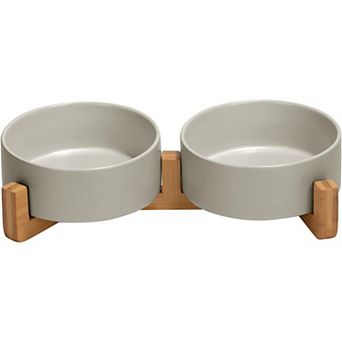 Ceramic Dog Cat Bowl with Wood Stand Non Slip Weighted