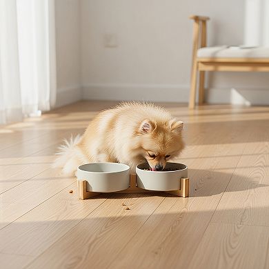 Ceramic Dog Cat Bowl with Wood Stand Non Slip Weighted
