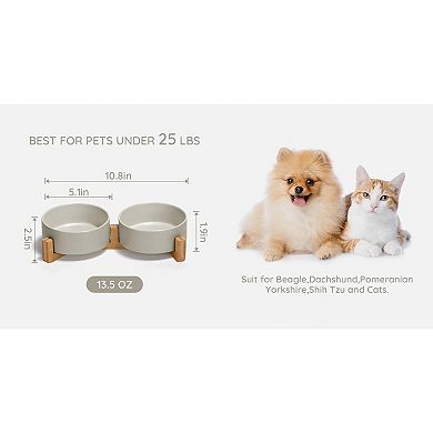Ceramic Dog Cat Bowl with Wood Stand Non Slip Weighted