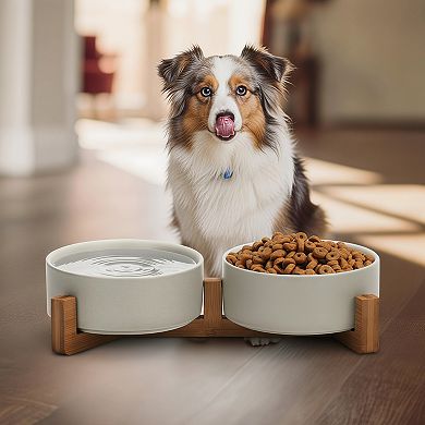 Ceramic Dog Cat Bowl with Wood Stand Non Slip Weighted