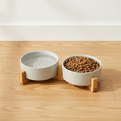 Ceramic Dog Cat Bowl with Wood Stand Non Slip Weighted