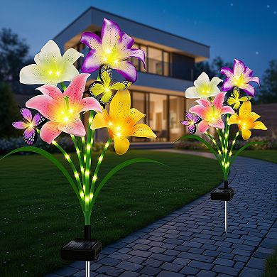 Solar Garden Lights 4 Pack Lily Flowers with Butterfly Decor
