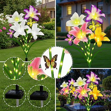 Solar Garden Lights 4 Pack Lily Flowers with Butterfly Decor