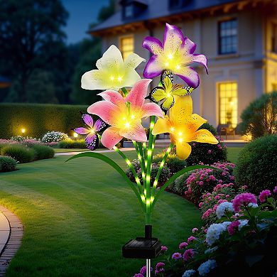 Solar Garden Lights 4 Pack Lily Flowers with Butterfly Decor