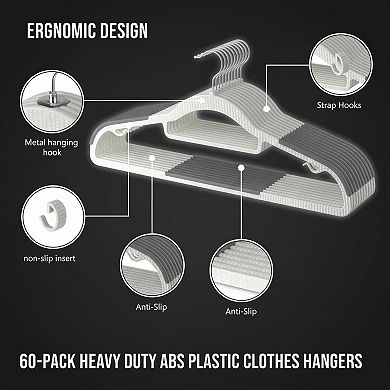 60 Pack Heavy Duty Plastic Hangers Non Slip 360° Hook Space Saving Closet Organizer