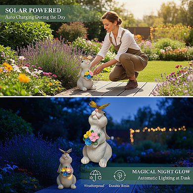 Solar Garden Statues Outdoor Rabbit Figurines with LED Light