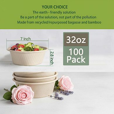 32 Ounce Compostable Sugarcane Paper Bowls 100 Pack Biodegradable Heavy Duty For Hot Cold Food