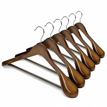 Wide Shoulder Solid Wood Suit Hangers Non Slip Pants Bar 360 Swivel Hook 6 Pack
